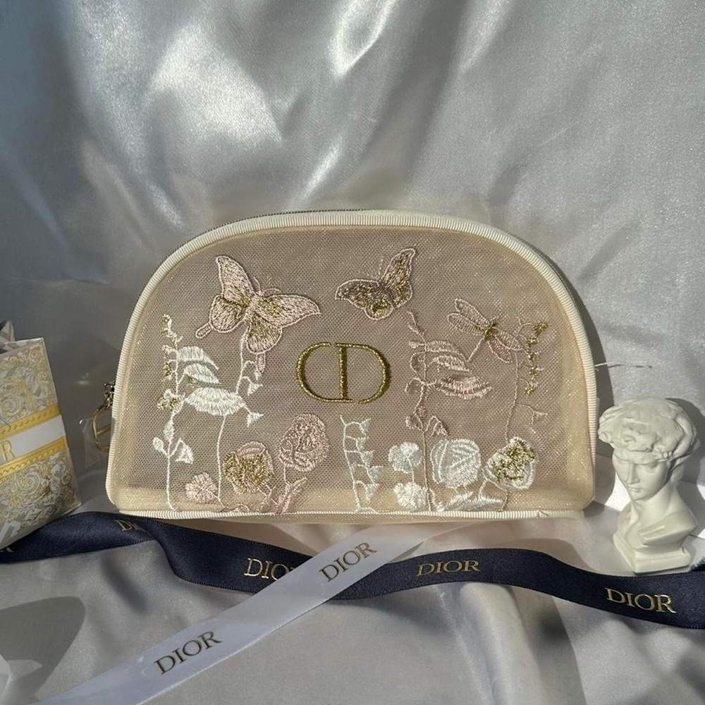 Dior Beige and Gold Embroidered Cosmetic Bag